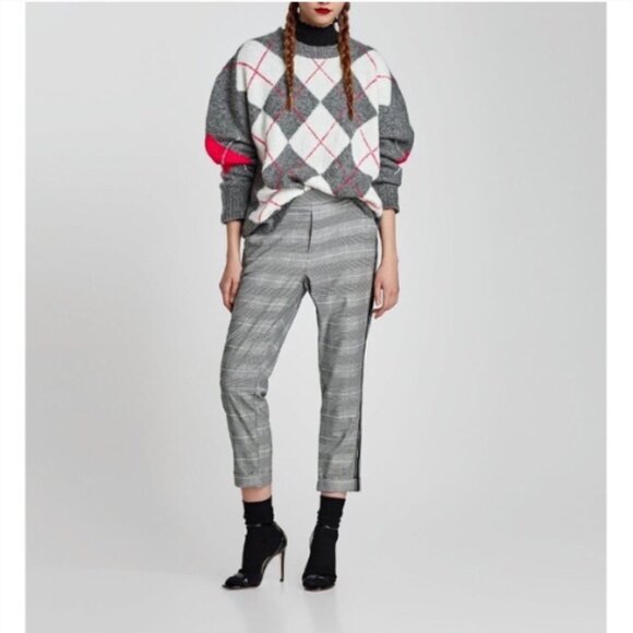 Zara Gray Glen Plaid Check Trouser Pants Side Stripe Ankle Cropped Size Small - Picture 2 of 15